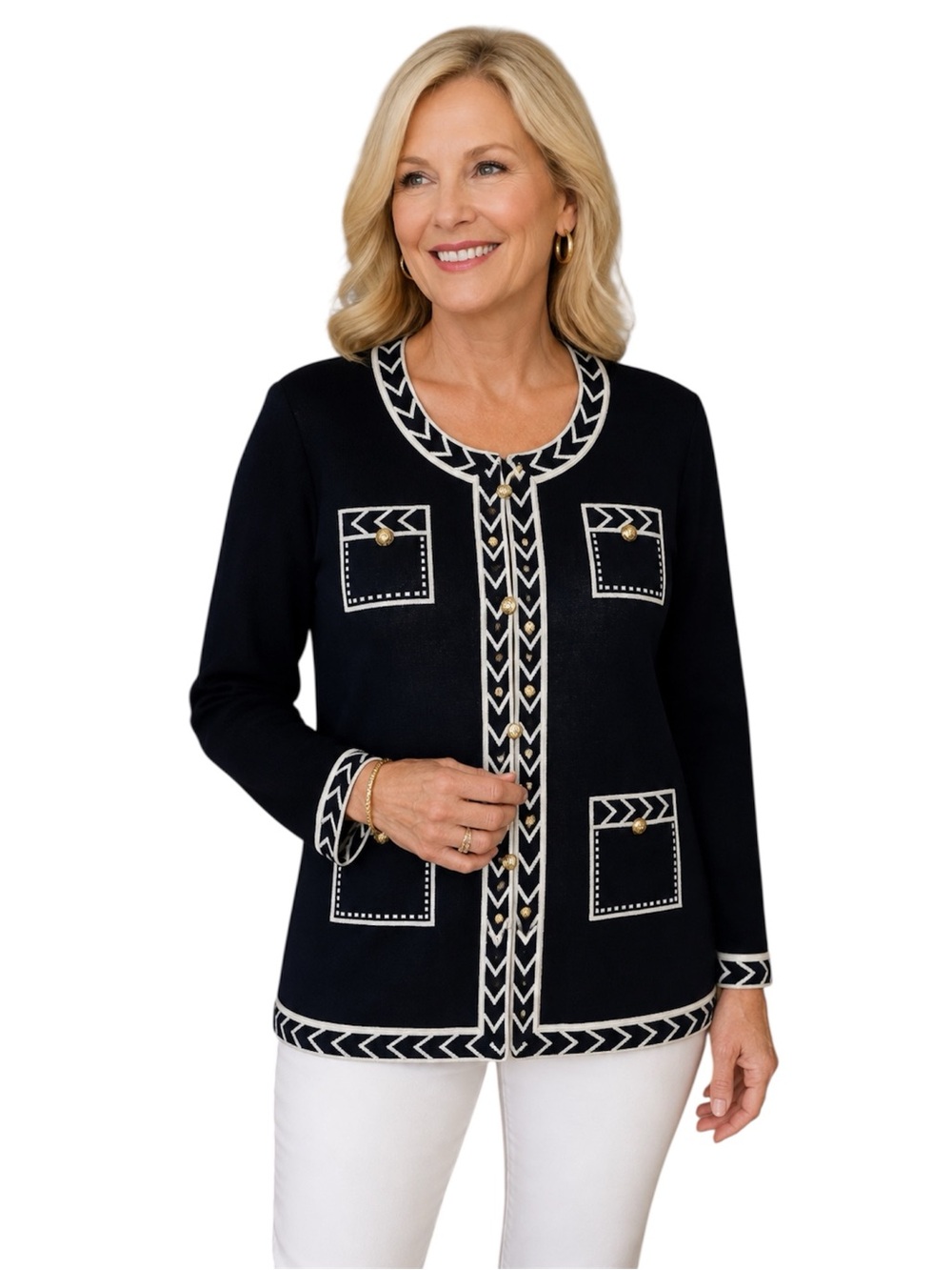 Misook Navy Knit Cardigan Nautical Lady Classic Sweater Size XL